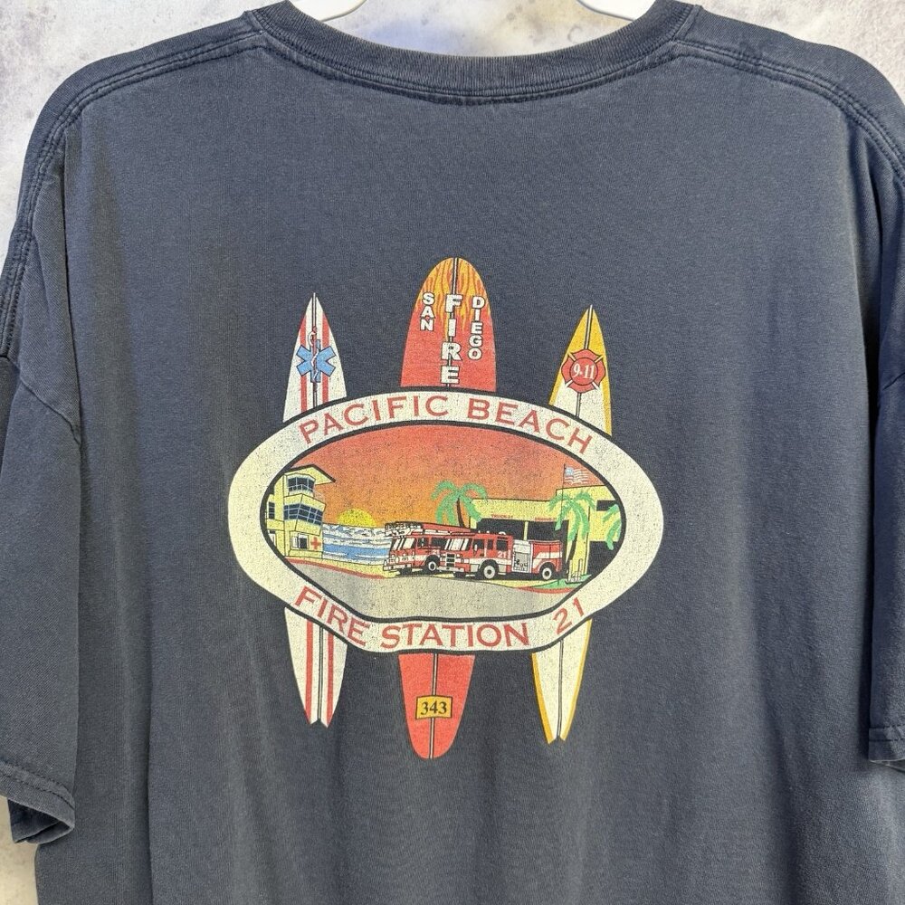 VTG Pacific Beach Fire Station T Shirt Mens XXL 26x26.5 Blue Short Sleeve Surf